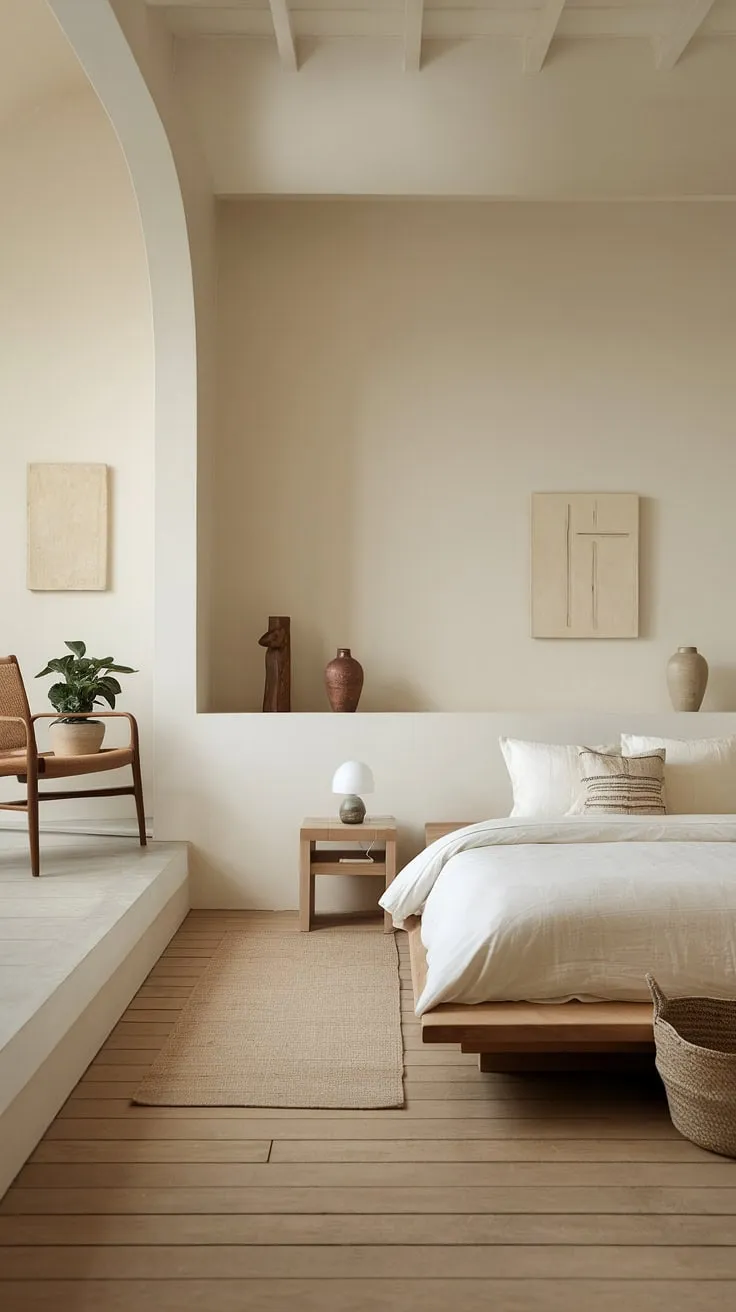 Find your sanctuary in this serene bedroom, where soft light and natural materials create a haven for rest and rejuvenation. The minimalist design, accented with carefully chosen pieces, fosters a sense of calm and peace, allowing you to fully unwind and reconnect with a your inner self.