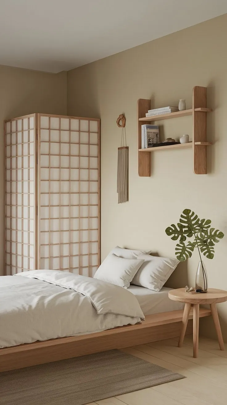 Escape the everyday in this exquisitely peaceful zen bedroom. The gentle light filtering through the shoji screen illuminates the clean lines and natural materials, fostering a sense of serenity and well-being. Every detail, from the wooden platform bed to the thoughtfully placed books, contributes to an atmosphere of mindful relaxation and quiet contemplation.
