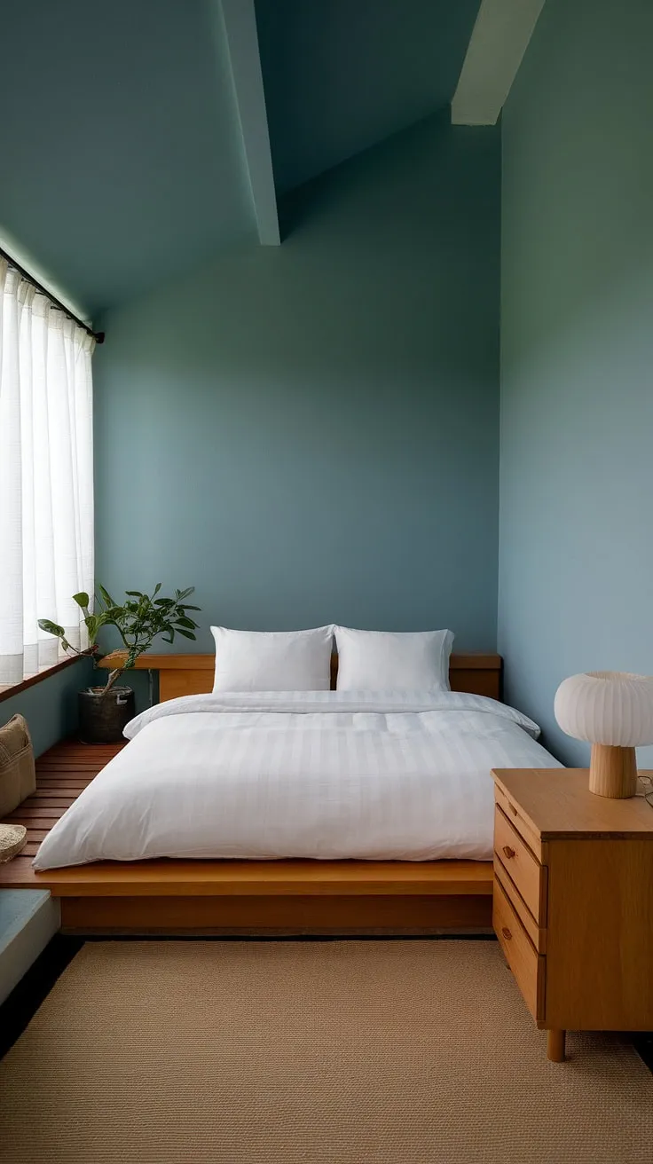 Find your serenity in this tranquil bedroom. The calming blue walls, minimalist furniture, and soft lighting create a haven for peaceful rest and rejuvenation. A perfect space to unwind and reconnect with a inner peace.