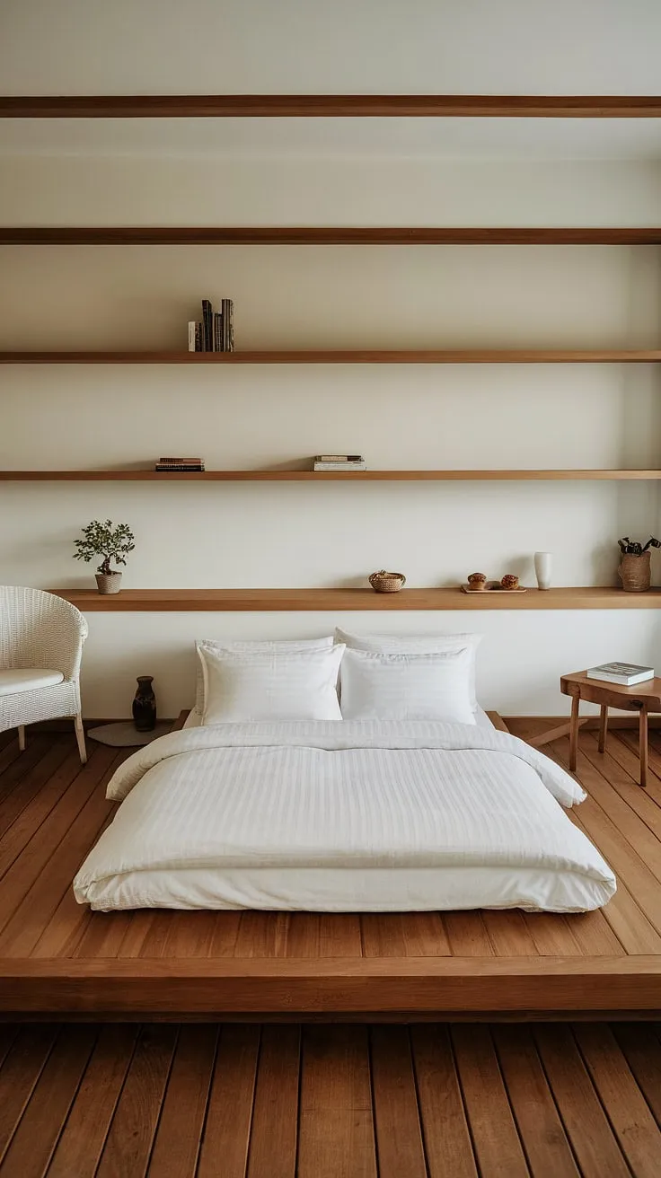 Find your peace in this minimalist haven. The calming atmosphere, created by natural wood tones and soft textures, invites quiet contemplation and restful sleep. A perfect sanctuary for unwinding after a long day.