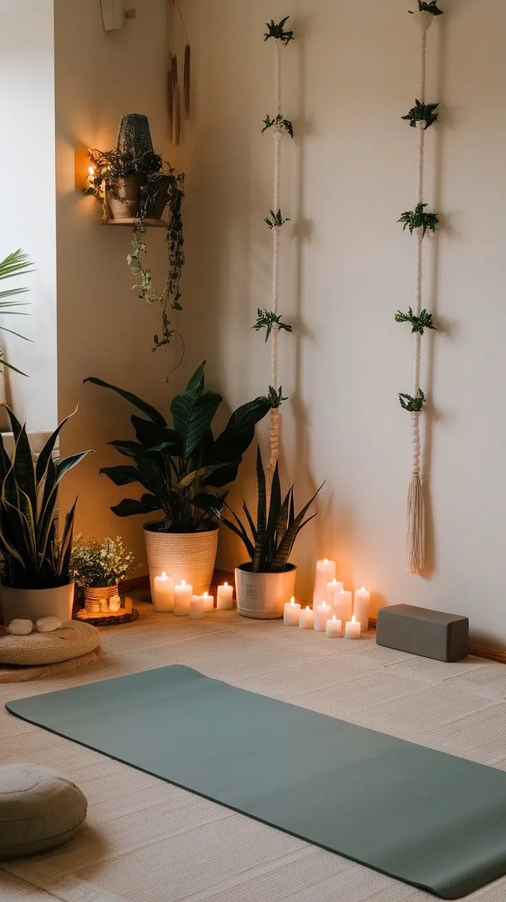 Find your center in this tranquil zen den, where the gentle glow of candles and the serene presence of plants create the perfect atmosphere for mindful movement and deep relaxation. A sanctuary awaits, offering a space for both yoga practice and quiet meditation.