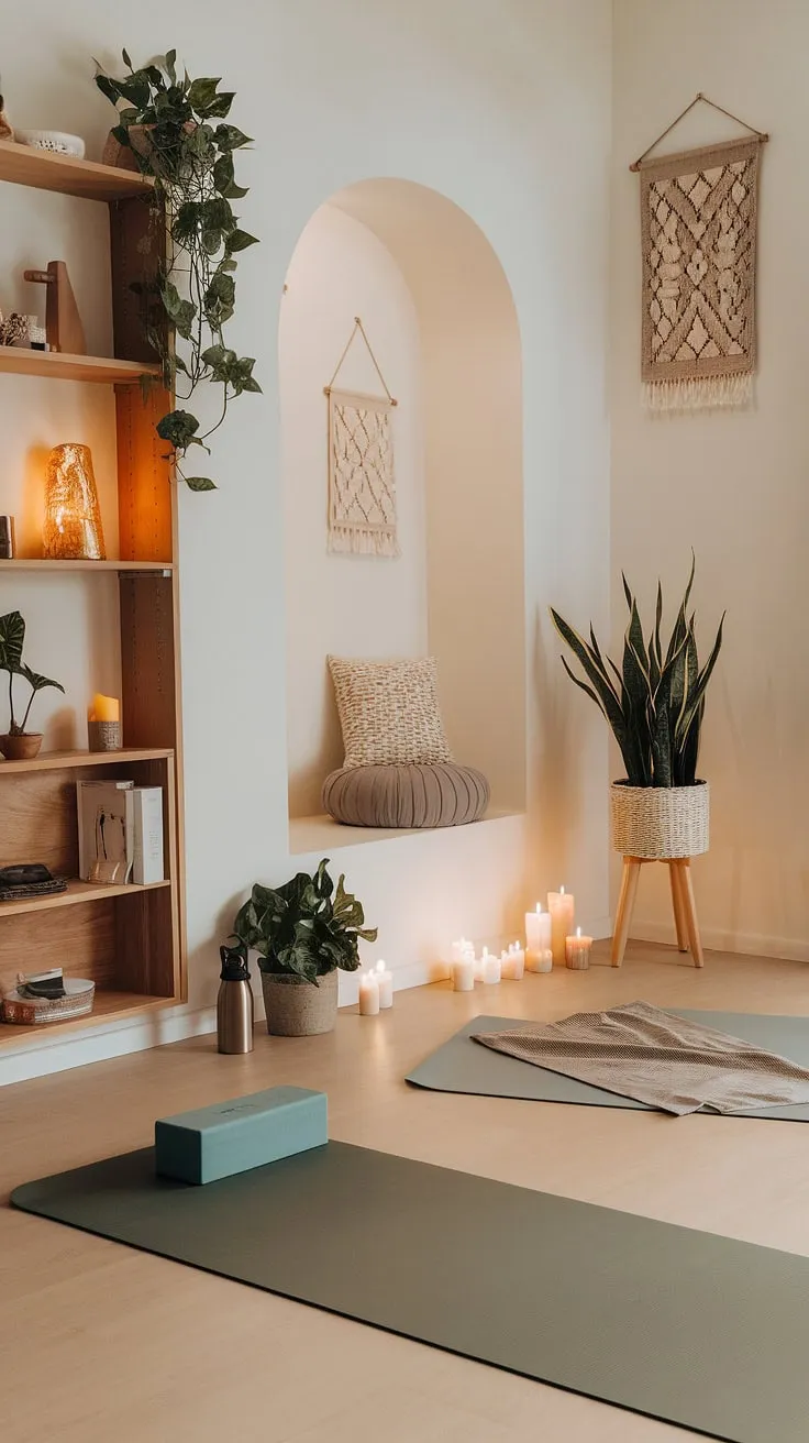 Find your center in this tranquil sanctuary, where the gentle glow of candlelight guides your meditation and the warmth of the yoga mat welcomes your practice. A space designed for mindful movement and peaceful reflection, this zen den offers a haven for both body and soul. A perfect blend of serenity and energy, it's your personal oasis for self-discovery.