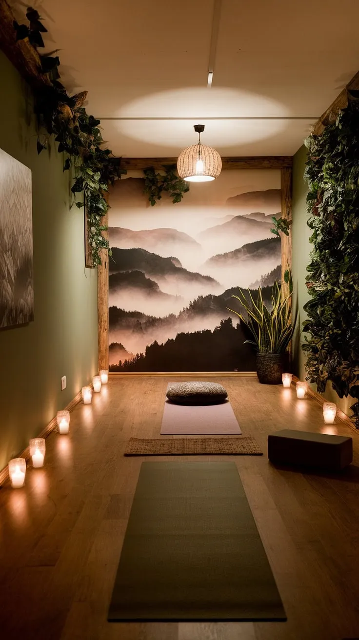 Find your center in this tranquil haven, where the gentle glow of candlelight guides your meditation and the warmth of the wooden floor supports your yoga practice. A sanctuary designed for mindful movement and peaceful reflection, this space invites you to reconnect with your inner self. A perfect blend of serenity and functionality, it's a place to nurture your body and soul.