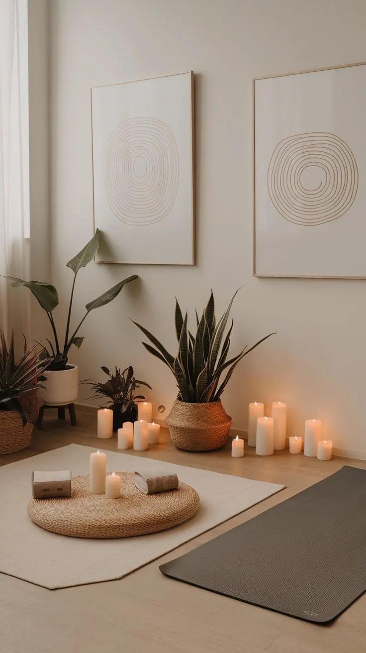 Escape the chaos and step into a world of serenity. This calming zen den, with its dedicated yoga corner and meditation room, provides the perfect environment for cultivating inner peace. A space where the subtle artistry of minimalist decor complements the natural beauty of plants and candles, it's an invitation to unwind, breathe, and reconnect with your true self. A sanctuary for the soul, designed for mindful living.