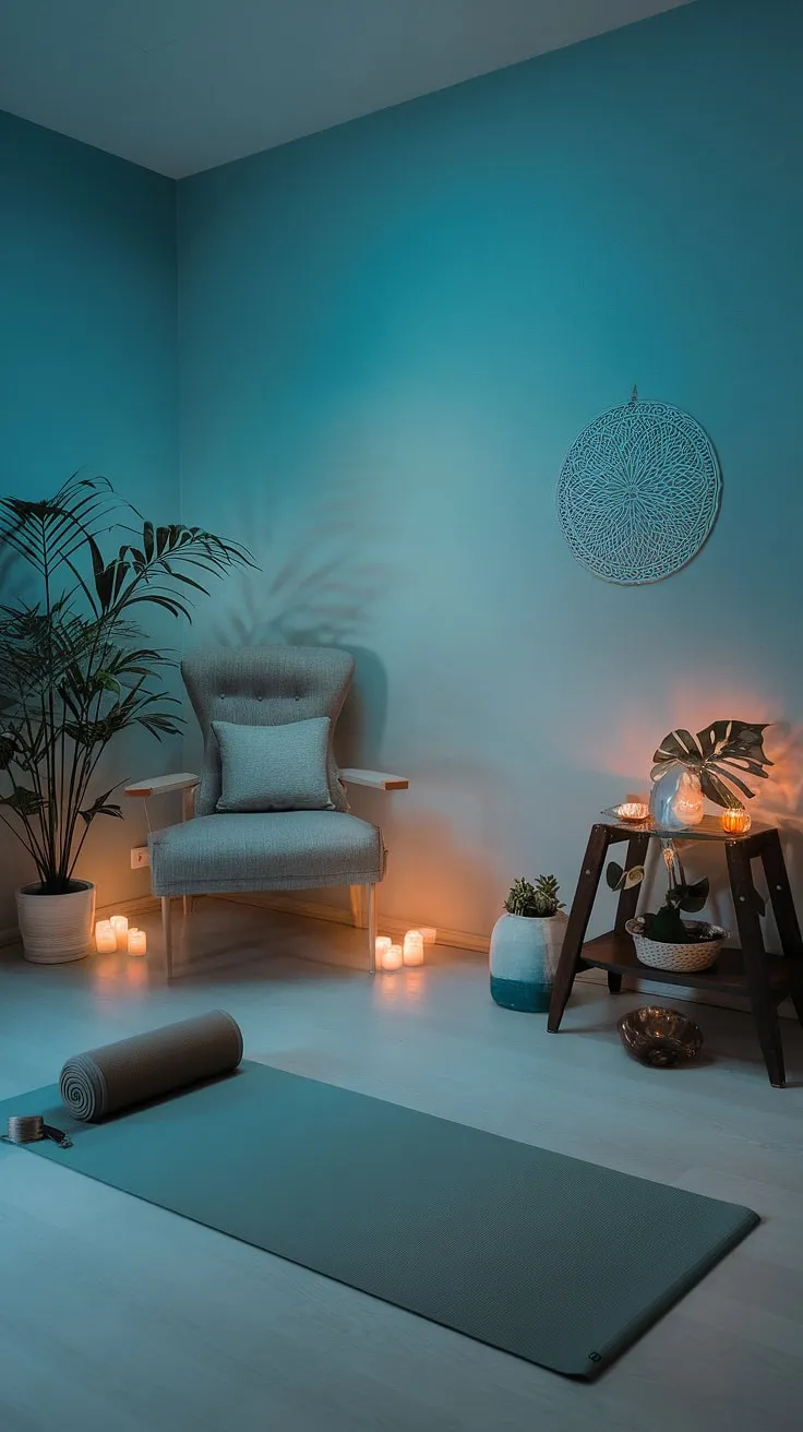 Escape the everyday in this serene zen den. A dedicated meditation area and yoga corner provide the perfect setting for cultivating inner calm. The soft blue walls, ambient lighting, and carefully chosen plants create a peaceful atmosphere conducive to relaxation and self-care. A space designed for mindful practice and personal growth.