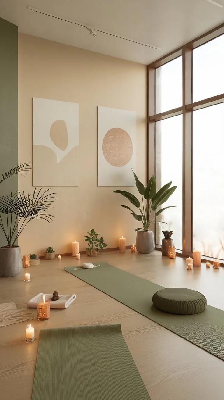 Escape the everyday and step into this serene zen den. A calming space bathed in natural light, featuring a dedicated meditation area and a yoga corner, complete with a yoga mat and meditation cushion. A thoughtfully curated environment with minimalist art and the gentle scent of candles, perfect for unwinding and finding your balance. A true oasis of tranquility.