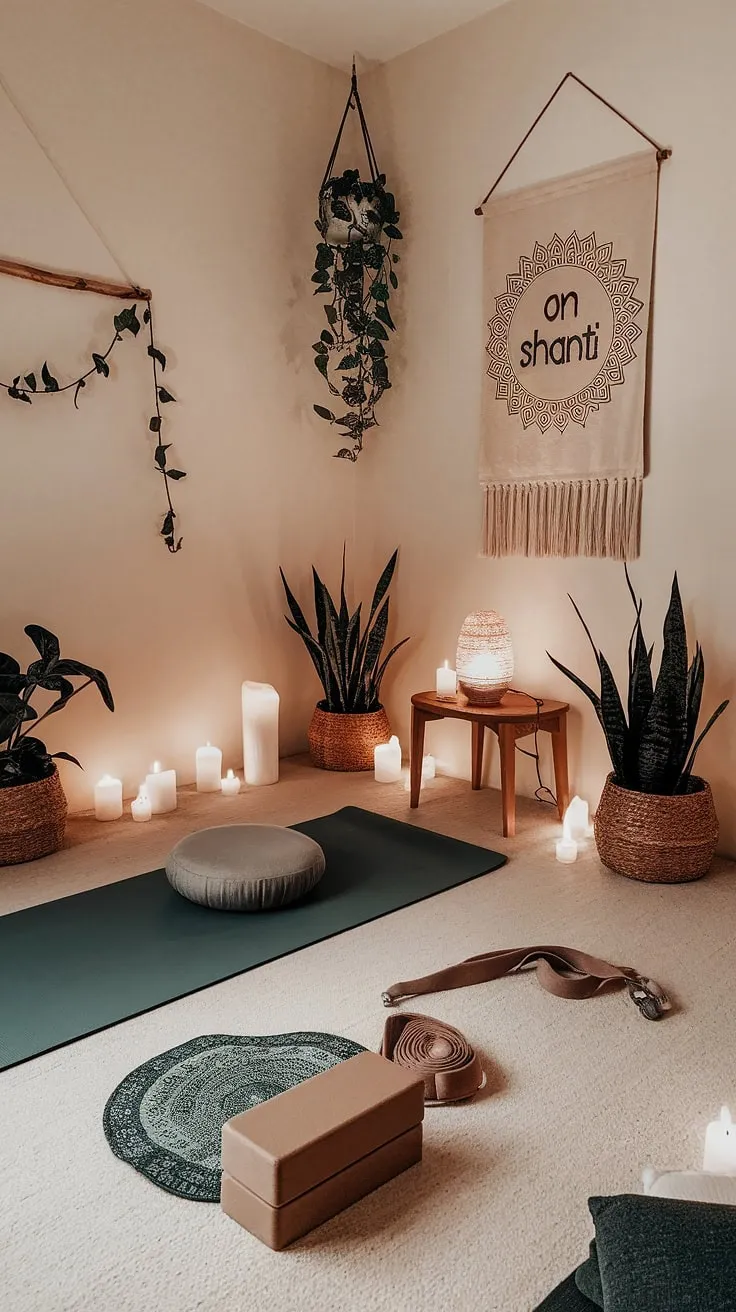 Unwind and restore in this serene meditation room. A yoga mat, block, and strap await your practice, while a comfortable cushion invites quiet contemplation. The calming decor, including the "Om Shanti" wall hanging and lush greenery, creates a haven for inner peace. A perfect space to cultivate mindfulness and find your equilibrium.