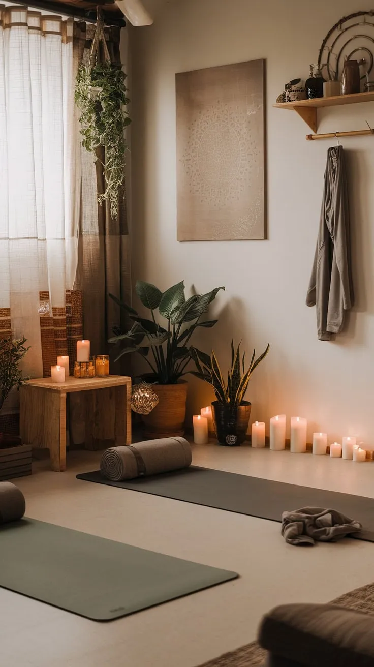 Find your center in this tranquil zen den, where rustic charm meets mindful movement. The gentle glow of candles, the scent of plants, and the inviting yoga corner create the perfect space for inner peace and revitalizing practice. A sanctuary for body and soul, this space is designed to nurture your well-being. A place to breathe, to stretch, and to simply be.