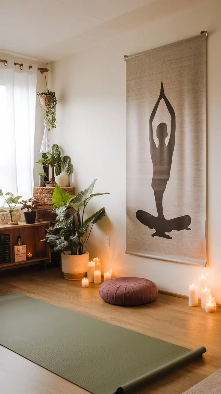 Find your center in this tranquil zen den, where the calming scent of candles and the gentle sway of plants create the perfect atmosphere for yoga and meditation. A sanctuary designed for mindful movement and inner peace, this space invites you to reconnect with your body and spirit. A place to breathe, to stretch, and to simply be.
