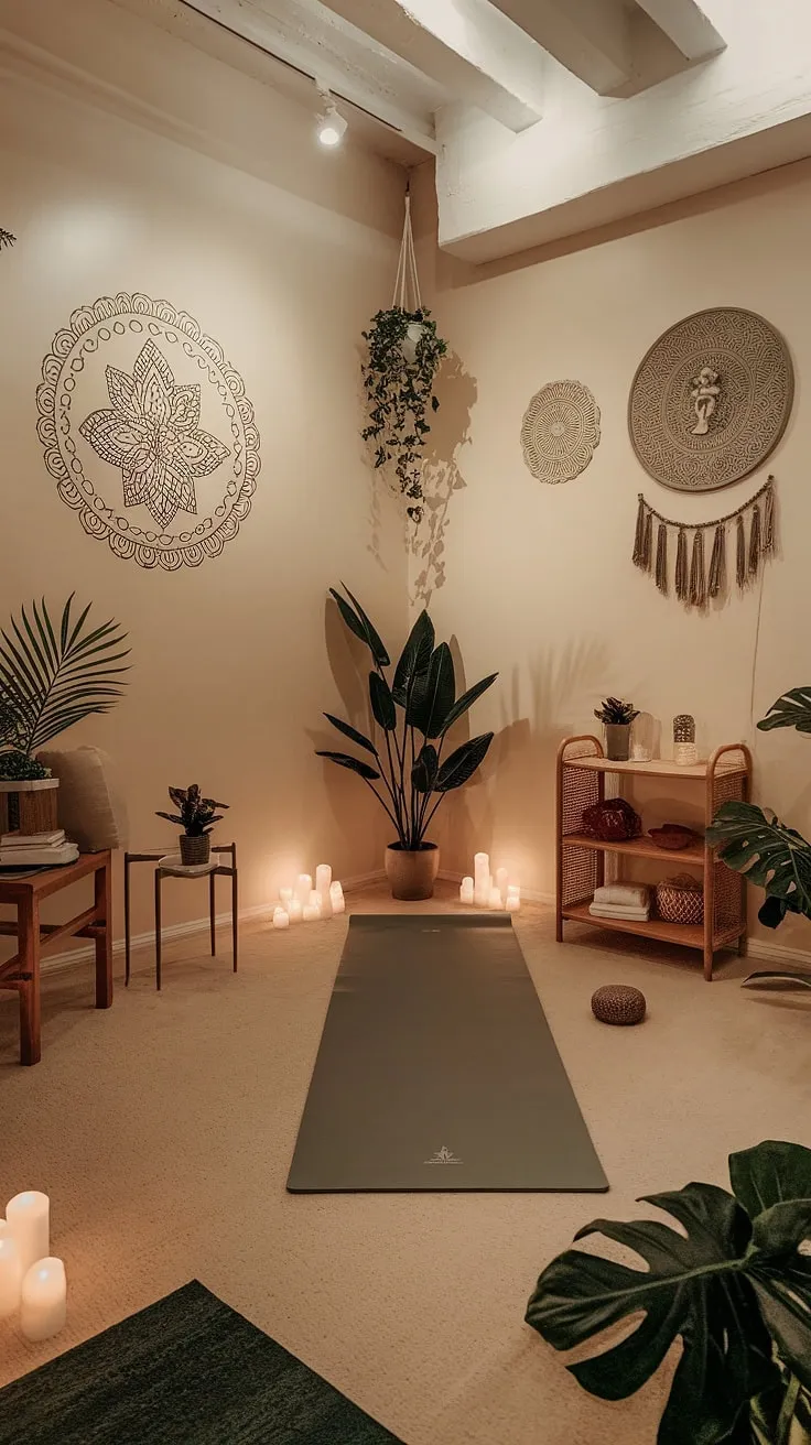 Find your inner peace in this sanctuary, a haven designed for mindful movement and serene reflection. The gentle glow of candles, the calming presence of plants, and the inviting yoga space create the perfect atmosphere for unwinding and connecting with your true self. A space for self-care, a refuge for the soul, a journey inward begins here.