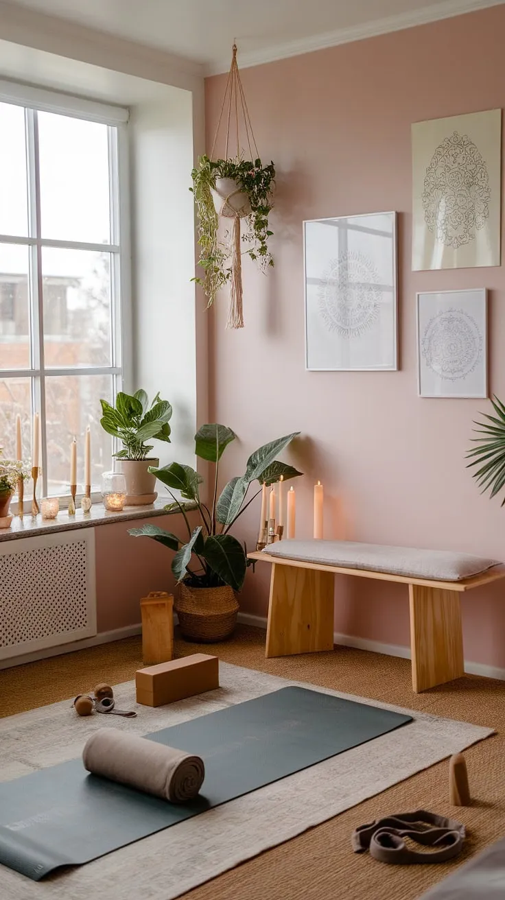 Find your inner peace in this sanctuary, a haven designed for mindful movement and serene reflection. The soft pink walls, natural light streaming through the window, and calming yoga art create the perfect atmosphere for your practice. A space to reconnect with yourself, body, and mind.