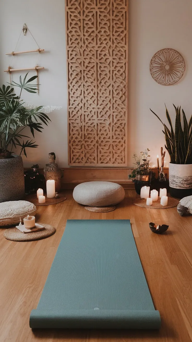 Escape the everyday in this serene space. A carefully curated collection of natural elements-plants, wood, and candlelight-create a calming atmosphere ideal for both yoga practice and quiet meditation. A dedicated corner for each practice ensures a seamless transition between physical and mental well-being. A haven for self-discovery and inner peace.