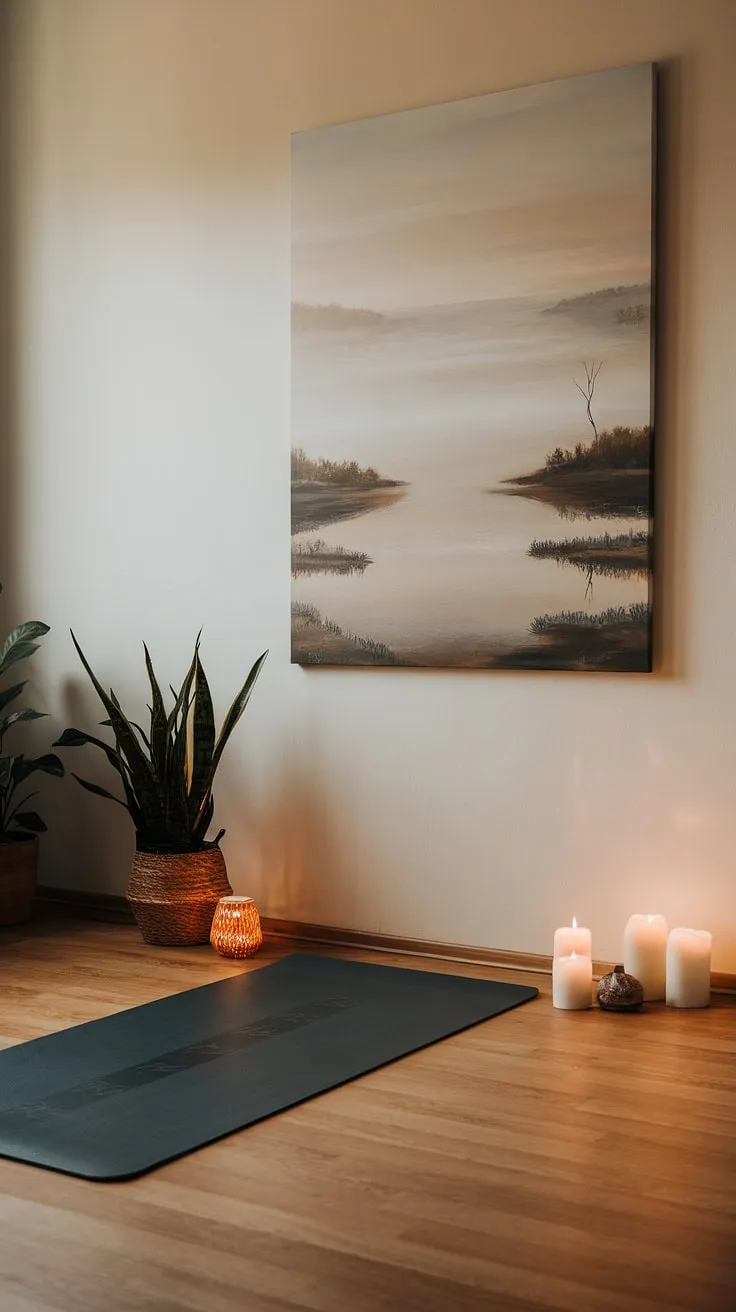 Unroll your mat and let the worries of the day melt away. This dedicated yoga space, with its gentle lighting, flourishing plant, and inspiring artwork, is designed for mindful movement and deep relaxation. A place to reconnect, to breathe, and to simply be. A perfect escape.