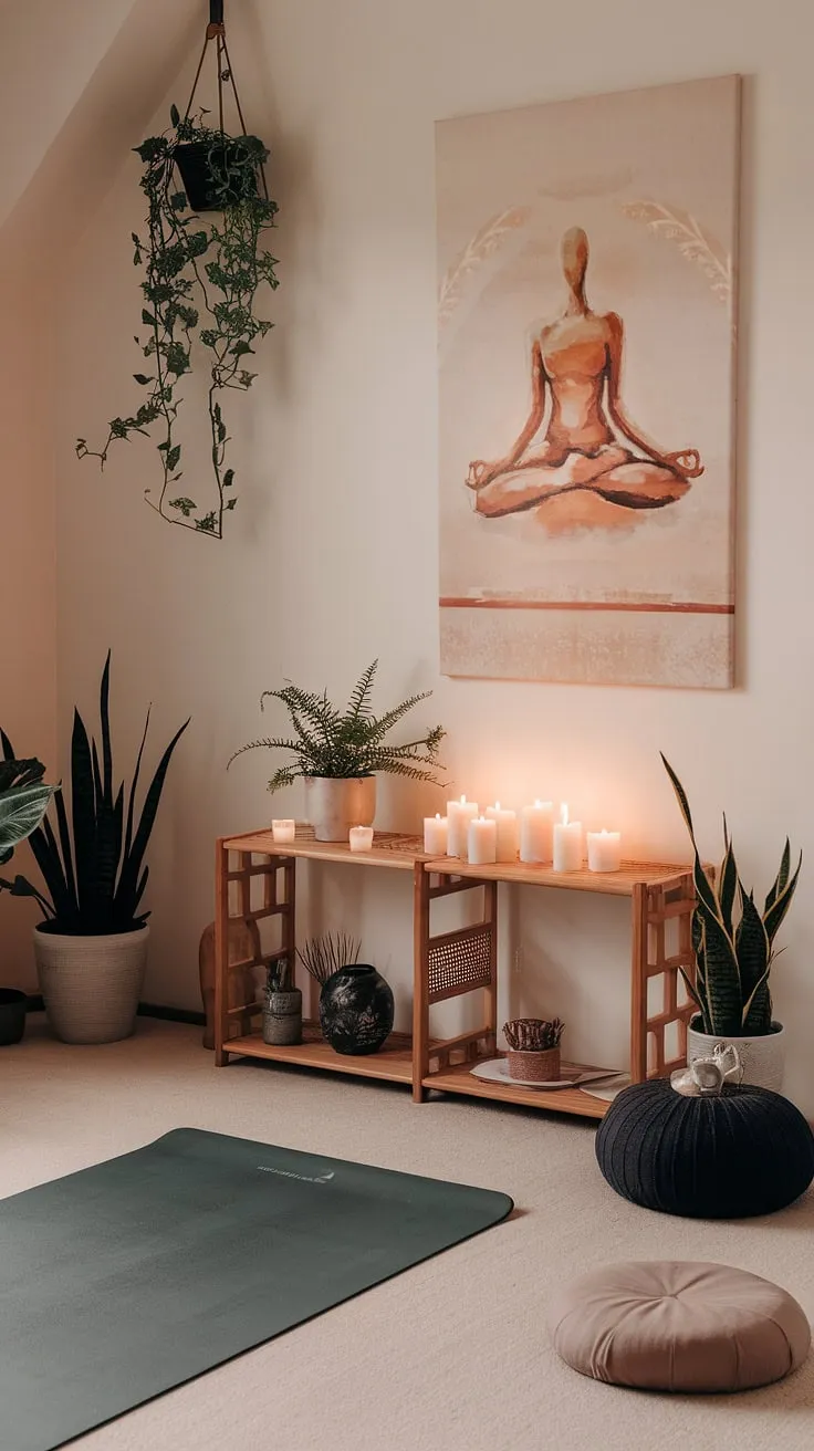 Find your inner peace in this tranquil yoga corner. The soft light, calming artwork, and the scent of candles create the perfect atmosphere for mindful movement and meditation. A sanctuary for self-care awaits.