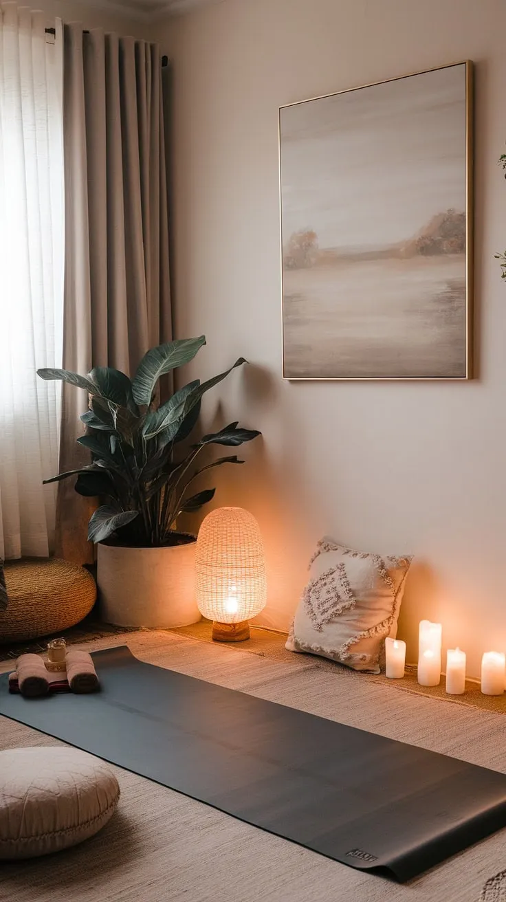 Find your calm in this tranquil corner, a sanctuary designed for mindful movement and peaceful reflection. The soft glow of the lamp and candles, the comforting textures of the rug and cushions, and the serene landscape painting all contribute to a space where you can truly unwind and connect with your inner peace. A perfect blend of comfort and serenity, this is your personal haven for yoga and meditation.