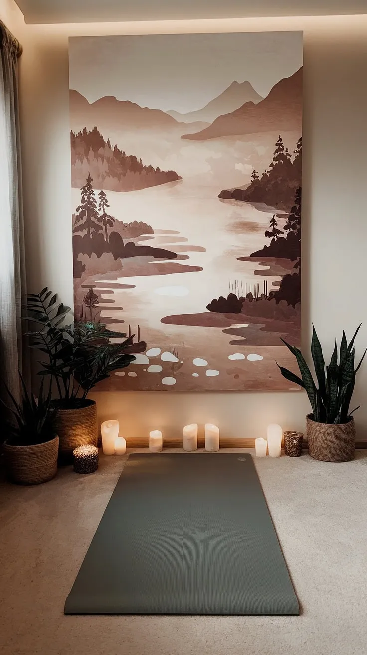 Find your inner peace in this tranquil yoga corner. The serene landscape painting, soft lighting, and calming plants create the perfect atmosphere for mindful movement and deep relaxation. A sanctuary awaits.