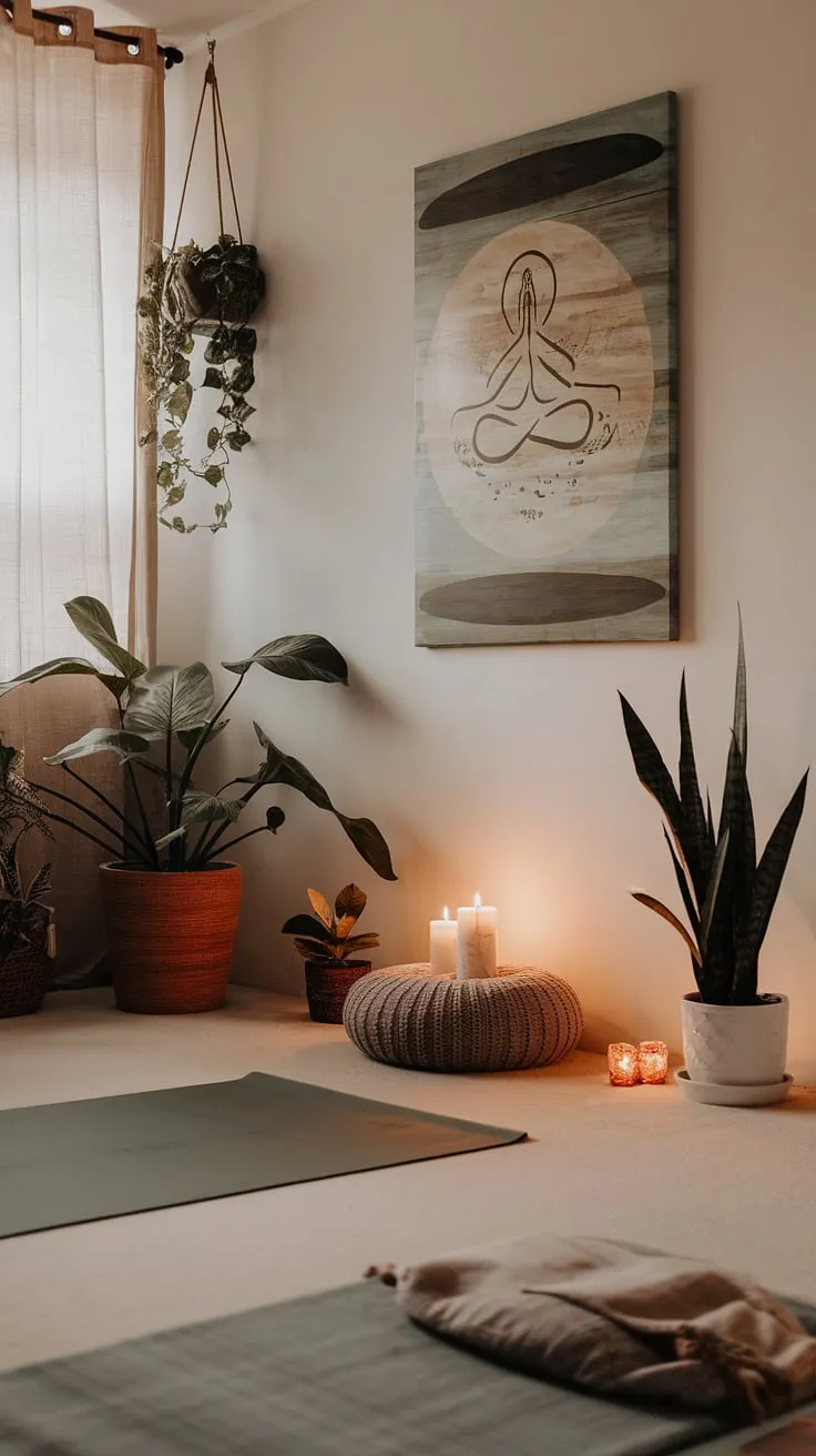 Find your center in this tranquil home sanctuary, a dedicated space for mindful movement and peaceful reflection. The yoga corner, adorned with inspiring art and lush greenery, flows seamlessly into a meditation nook, perfect for unwinding with a candlelit moment of stillness. A haven designed for inner peace and self-care.