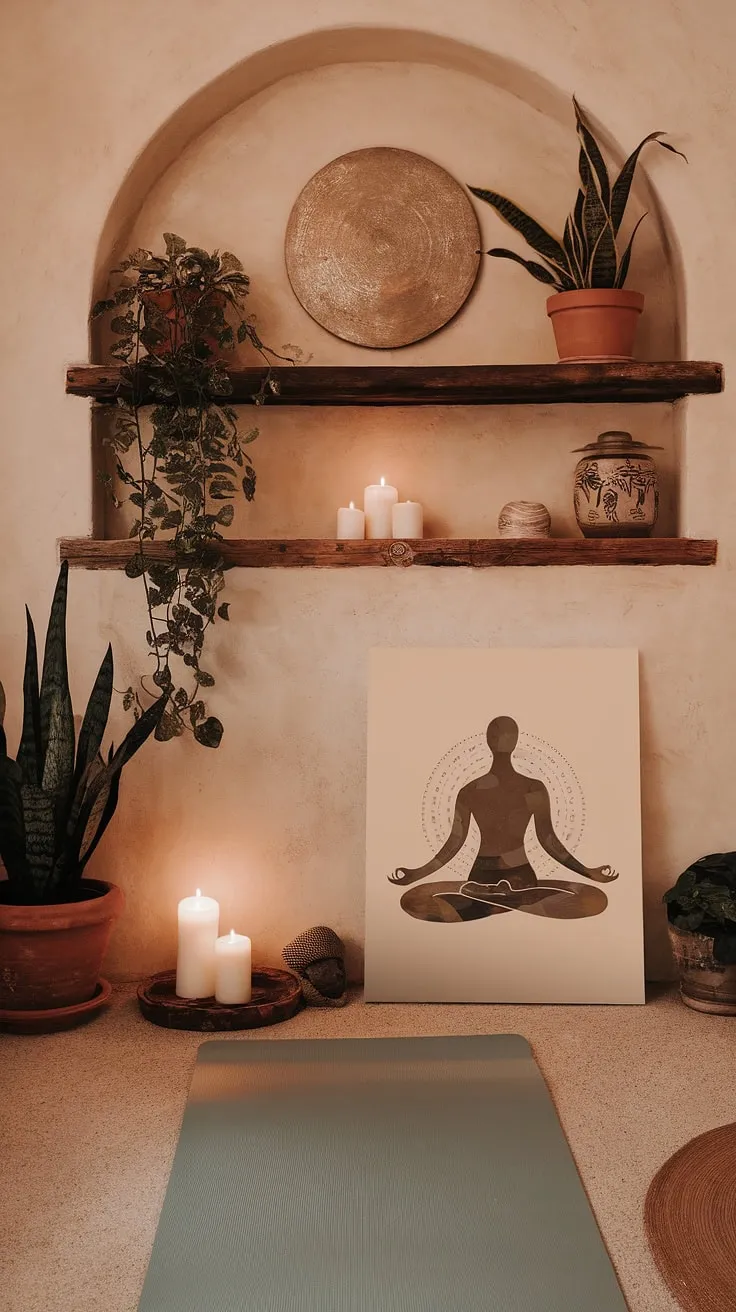 Unroll your mat and breathe. This dedicated yoga corner, with its textured walls, vibrant plants, and peaceful artwork, offers a sanctuary for mindful practice. A place to connect with your inner self and find balance amidst the everyday. A perfect blend of serenity and style.