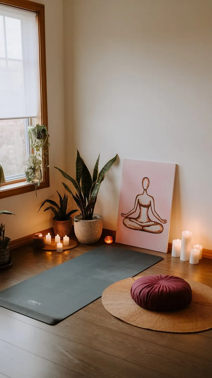 Find your inner peace in this tranquil yoga corner. The soft light, calming artwork, and lush greenery create the perfect atmosphere for mindful movement and meditation. A sanctuary for self-care awaits.