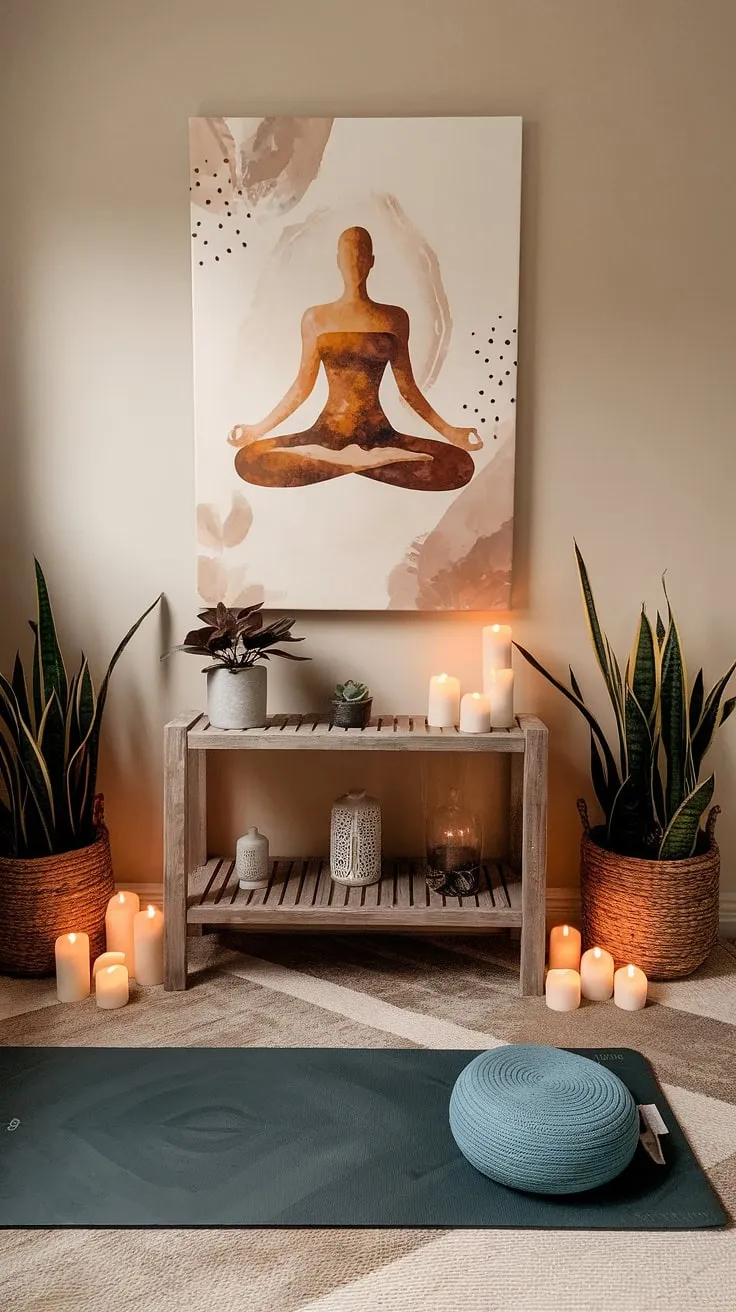 Find your inner peace in this tranquil yoga corner. The calming beige walls, soft rug, and inspiring yoga art create the perfect atmosphere for mindful movement and relaxation. A sanctuary awaits.