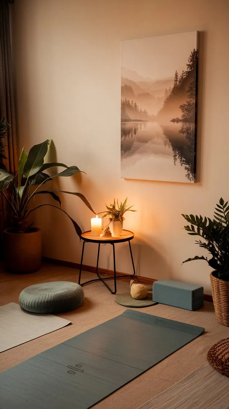 Unwind and reconnect. This serene zen den, complete with a yoga mat, calming artwork, and a touch of nature, offers A peaceful escape from the everyday. A perfect setting for your yoga practice or simply a moment of quiet reflection.