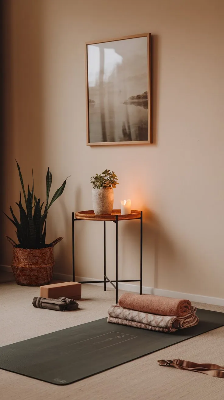 Find your center in this tranquil space. The soft light, calming artwork, and thoughtfully arranged props-yoga block, strap, and cozy blanket-invite you to unwind and reconnect with your inner peace. A sanctuary awaits.