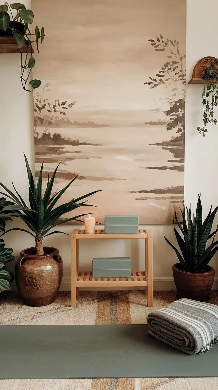 Find your calm in this dedicated yoga corner. The soft light, the comforting scent of the candle, and the serene artwork create the perfect atmosphere for mindful movement and inner peace. A sanctuary for body and soul, where every breath is a step towards a more balanced you.