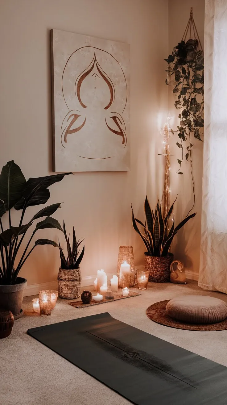 Escape the everyday in this serene yoga and meditation nook. A carefully curated space, complete with a comfortable cushion, inspiring art, and the gentle glow of candles, invites you to unwind and reconnect with yourself. A haven for both physical and mental well-being, this corner is a testament to the transformative power of mindful practice. A perfect blend of comfort and serenity.