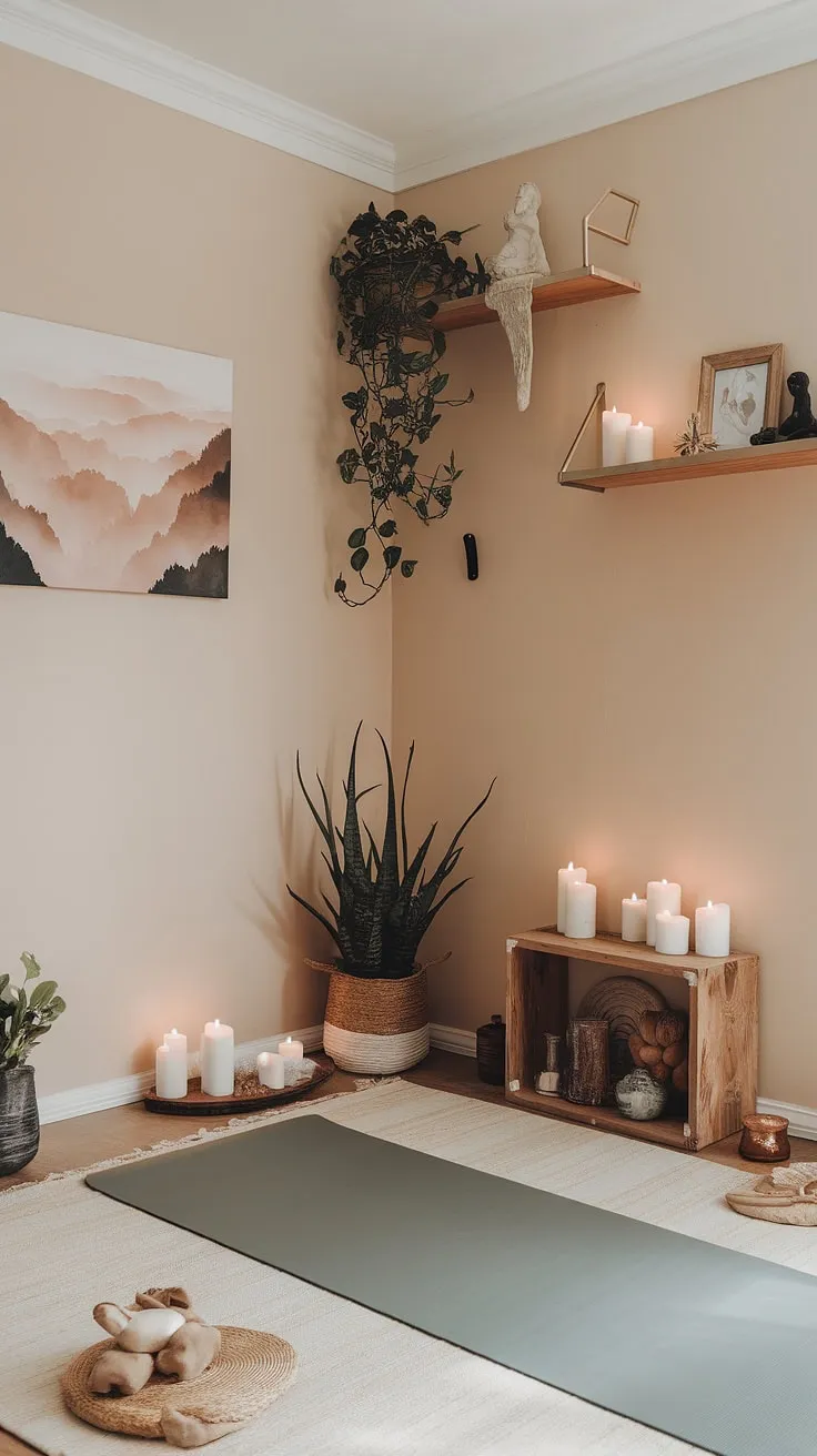 Breathe in serenity. This yoga room, with its warm hues, carefully chosen décor, and a quiet energy, is a sanctuary designed for mindful movement and inner peace. A place to reconnect with yourself and find your flow.