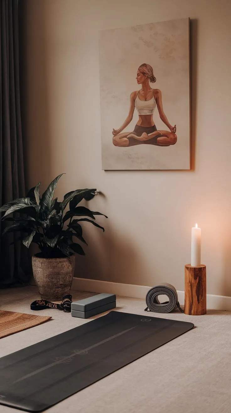 Unroll your mat and breathe. This zen den, complete with a calming painting, a flourishing plant, and the gentle glow of a candle, provides the ideal setting for your yoga practice. Let the stillness guide you.