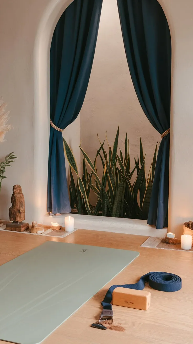 Unroll your mat and breathe. This home yoga corner, with its gentle hues and natural elements, invites you to unwind, reconnect, and discover the serenity within. A space dedicated to self-care and mindful practice.