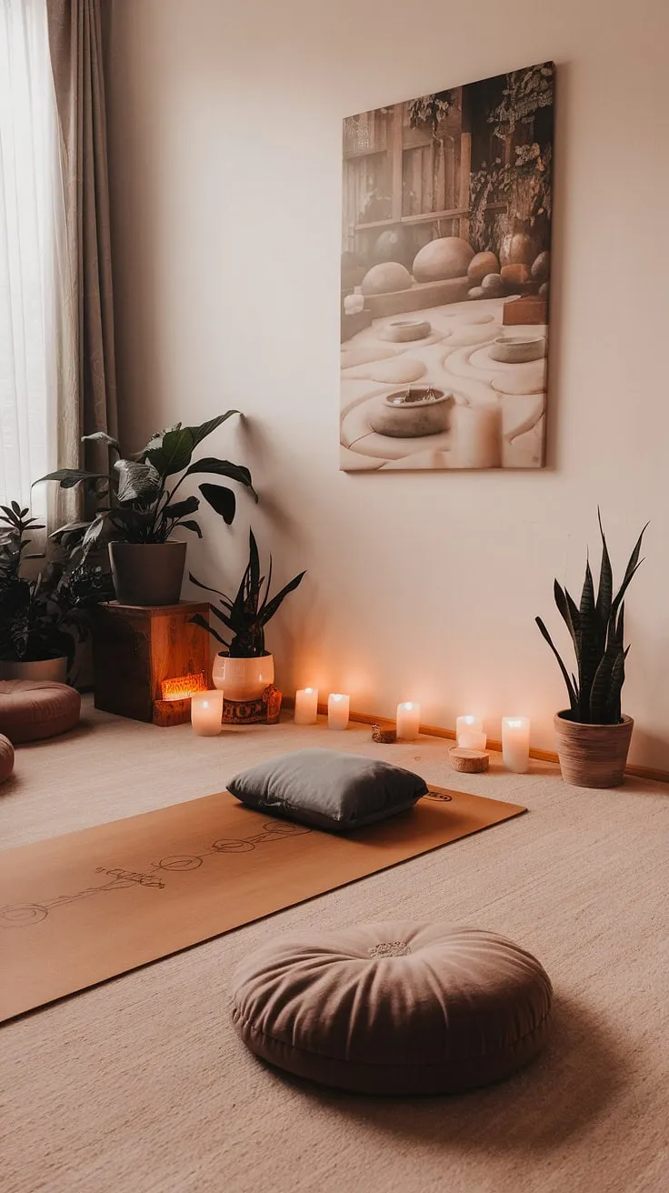 Find your center in this tranquil space, where the gentle glow of candles and the serene artwork create the perfect atmosphere for mindful movement. The wooden yoga mat, soft cushions, and lush greenery invite you to unwind and reconnect with your inner peace. A sanctuary for body and soul, this is where your yoga journey blossoms.