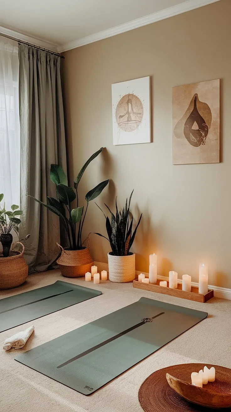 Find your inner peace in this serene home yoga sanctuary. The calming beige and green palette, complemented by natural light, plants, and carefully chosen yoga art, creates the perfect atmosphere for mindful movement and relaxation. A space designed for self-care and connection.