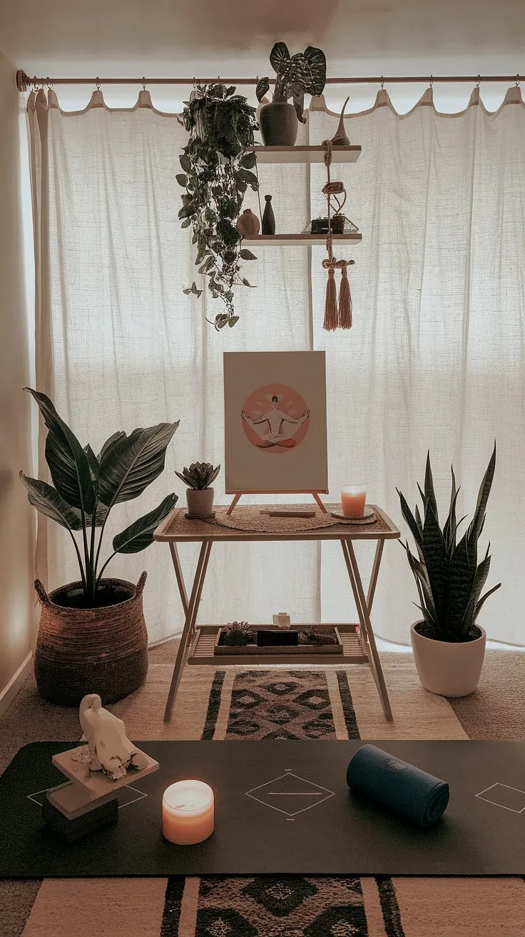 Find your peace in this tranquil home yoga sanctuary. The soft light, calming plants, and carefully curated space create the perfect atmosphere for mindful movement and inner stillness. A perfect blend of serenity and functionality, this corner invites you to unwind and reconnect with yourself.