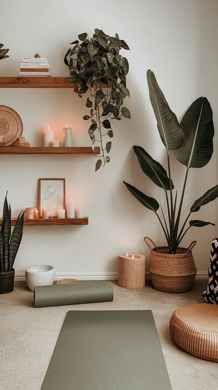 Find your inner peace in this tranquil home yoga sanctuary. The soft glow of candles, the calming presence of plants, and the comforting familiarity of personal touches create the perfect atmosphere for mindful movement and deep relaxation. A space dedicated to self-care, a haven for inner strength, and a reminder to breathe.