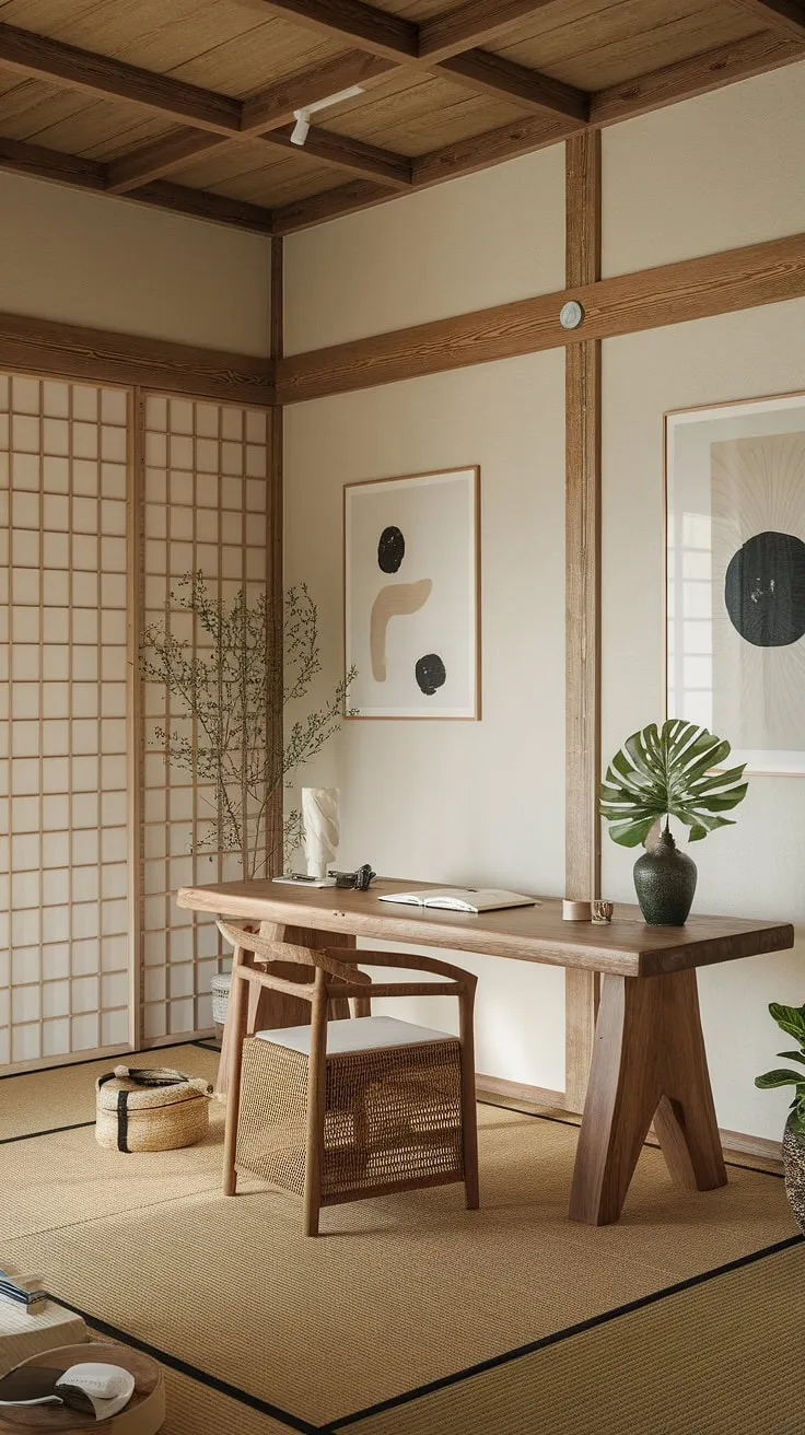 Escape the everyday in this zen-like workspace. The soft lighting, natural materials, and carefully curated minimalist art pieces combine to foster a sense of calm and inspiration. This thoughtfully designed space, featuring a traditional shoji screen, is a testament to the power of mindful design in enhancing productivity and well-being.