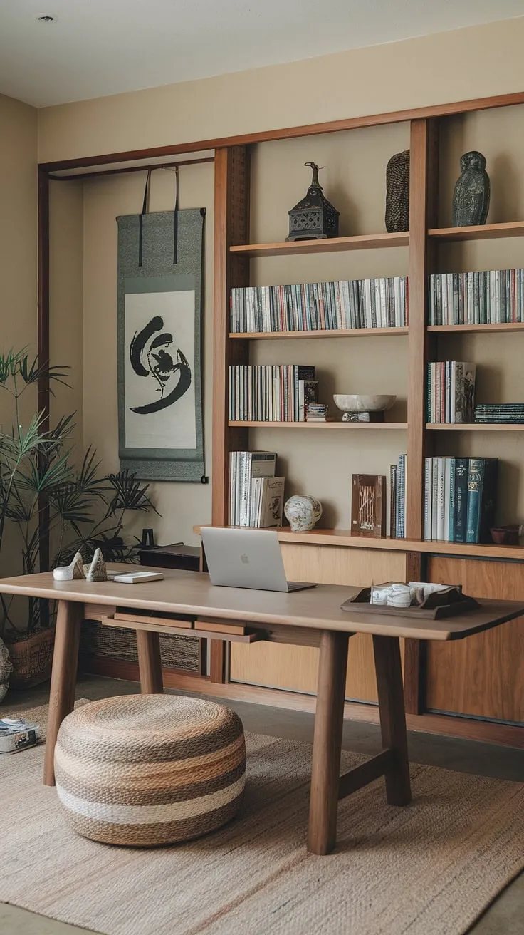 Find your focus in this serene home office, where minimalist Japanese design meets modern functionality. The calming atmosphere, enhanced by natural light and carefully chosen décor, fosters a productive and peaceful workspace. A sanctuary for creativity and contemplation awaits.