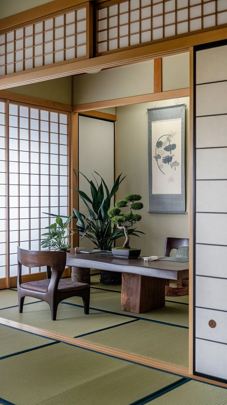 Find your focus in this serene home office, where the minimalist Japanese aesthetic promotes calm and productivity. The soft light, tatami mats, and bonsai tree create a sanctuary for mindful work. A sense of tranquility pervades the space, fostering creativity and inner peace.