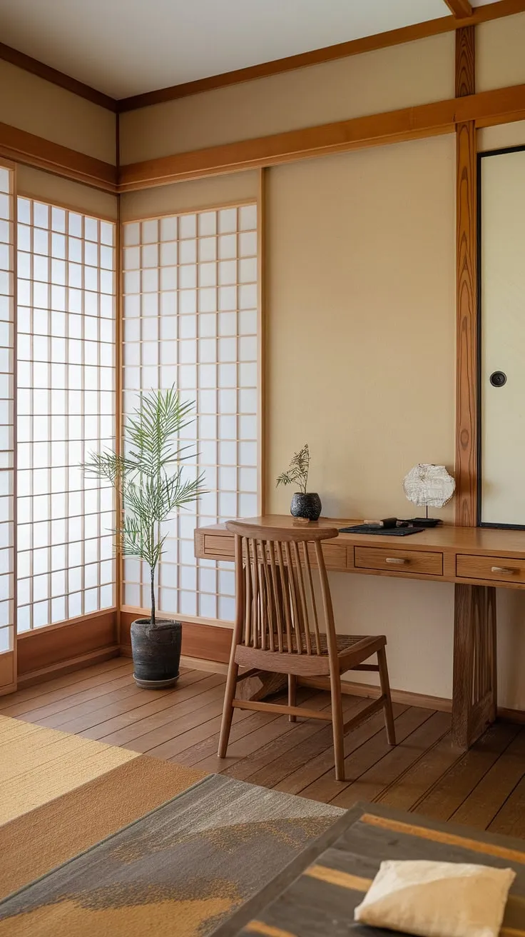 Escape the everyday in this tranquil Japanese-inspired workspace. The understated elegance of the wooden desk and chair, complemented by the subtle beauty of a shoji screen and a touch of greenery, fosters a sense of peace and productivity. A sanctuary for the mind and body.