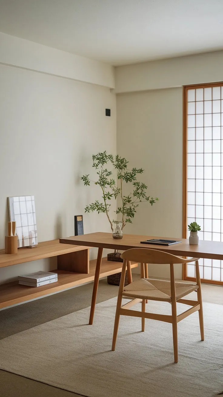 A tranquil haven for creative pursuits. This Japanese-inspired home office, with its clean lines and understated elegance, offers a space for deep work and mindful reflection. A perfect blend of functionality and serenity, it's a space designed to inspire and rejuvenate. A true escape from the everyday.