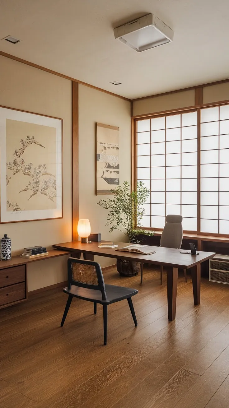 This zen-inspired workspace effortlessly blends Japanese aesthetics with practical design. The low desk, natural materials, and thoughtful placement of personal items foster a sense of peace and productivity, creating an ideal environment for creative flow and focused work.