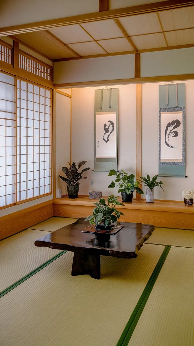 Escape the everyday in this tranquil Japanese-inspired home office. The soft light, the calming presence of nature, and the minimalist design all contribute to a space where productivity meets peace. A place to disconnect from distractions and reconnect with your inner self, fostering a sense of serenity and focus.