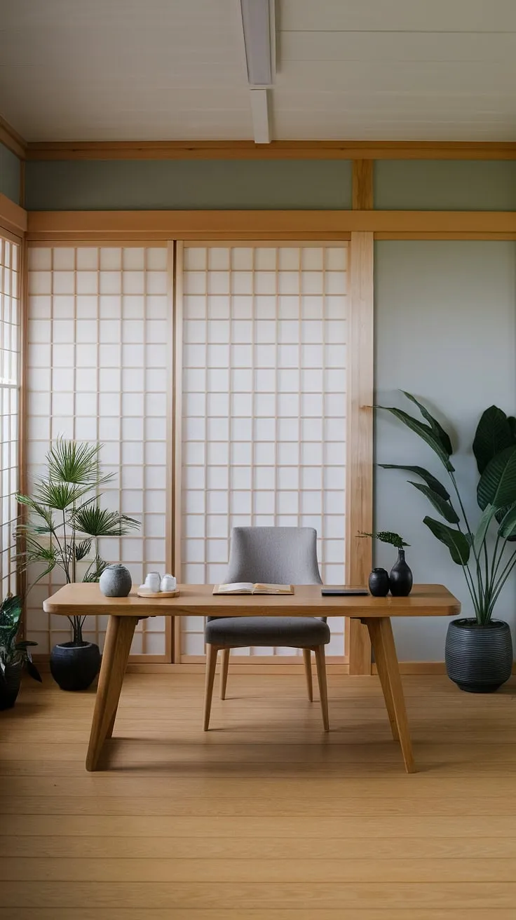 Find your focus in this serene home office, where minimalist Japanese design meets modern functionality. The soft gray walls, natural wood, and calming plants create a space perfect for deep work and mindful reflection. A tranquil sanctuary for productivity.