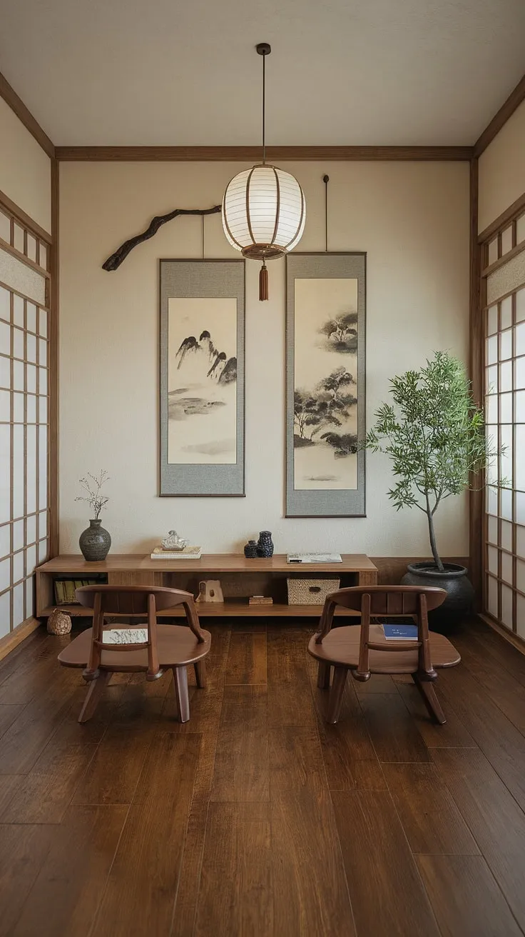 Find your focus in this serene home office, where minimalist Japanese design meets calming functionality. The soft light, natural wood, and carefully chosen accents create a space perfect for deep work and quiet contemplation. A sanctuary for the mind and body.