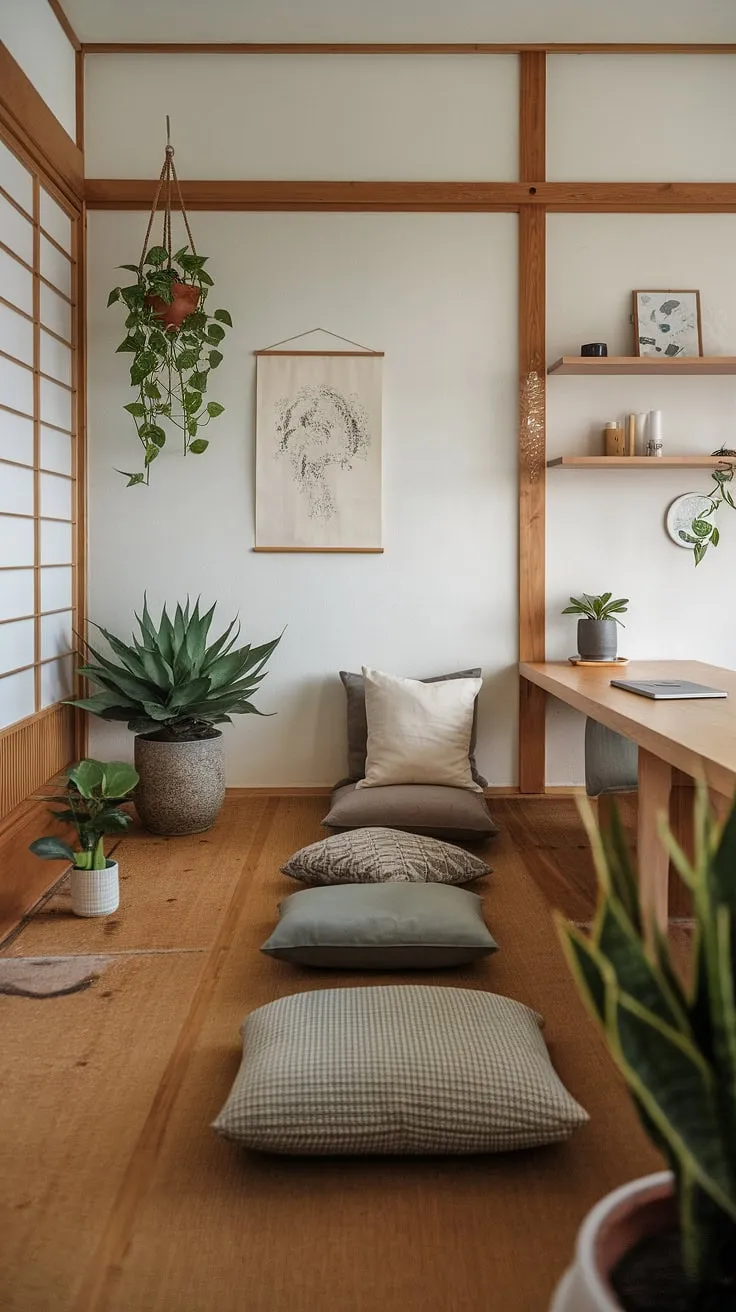 Find your focus in this serene home office, where Japanese-inspired minimalism meets calming functionality. The soft light, natural wood, and thoughtful placement of plants create a space perfect for deep work and quiet contemplation. A sanctuary for the mind and body, this workspace effortlessly blends aesthetics and productivity.