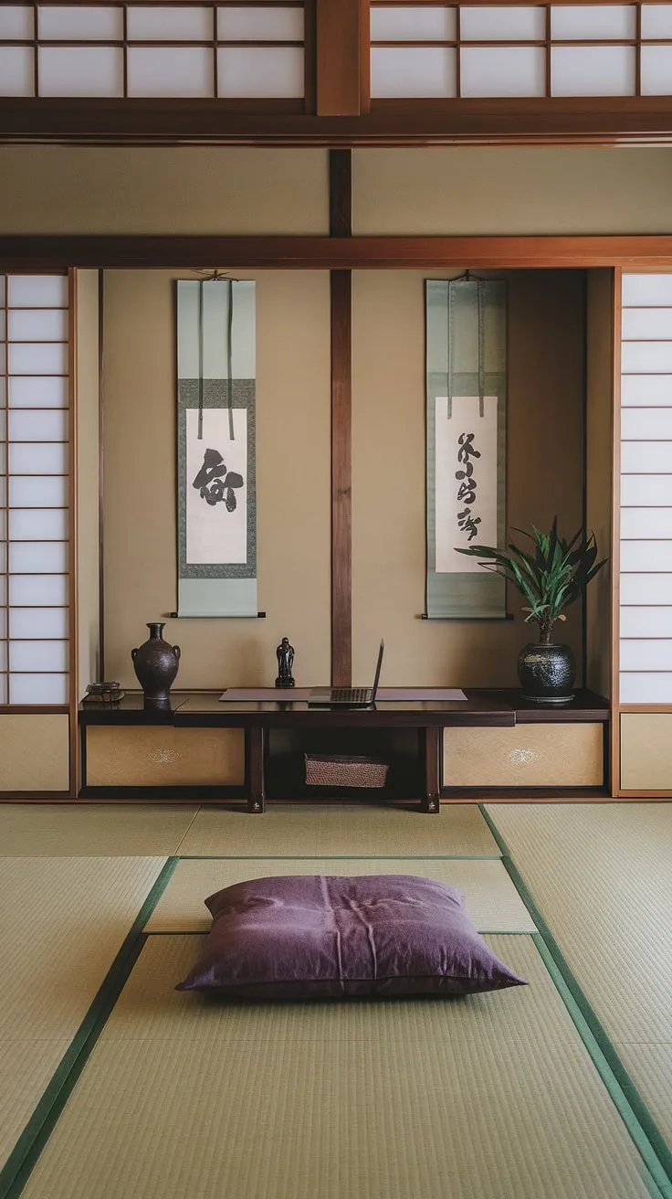 Find your focus in this serene home office, where the minimalist Japanese aesthetic promotes calm and productivity. The soft light, tatami mats, and shoji screens create a sanctuary for deep work and mindful reflection. A perfect blend of traditional Japanese design and modern functionality.