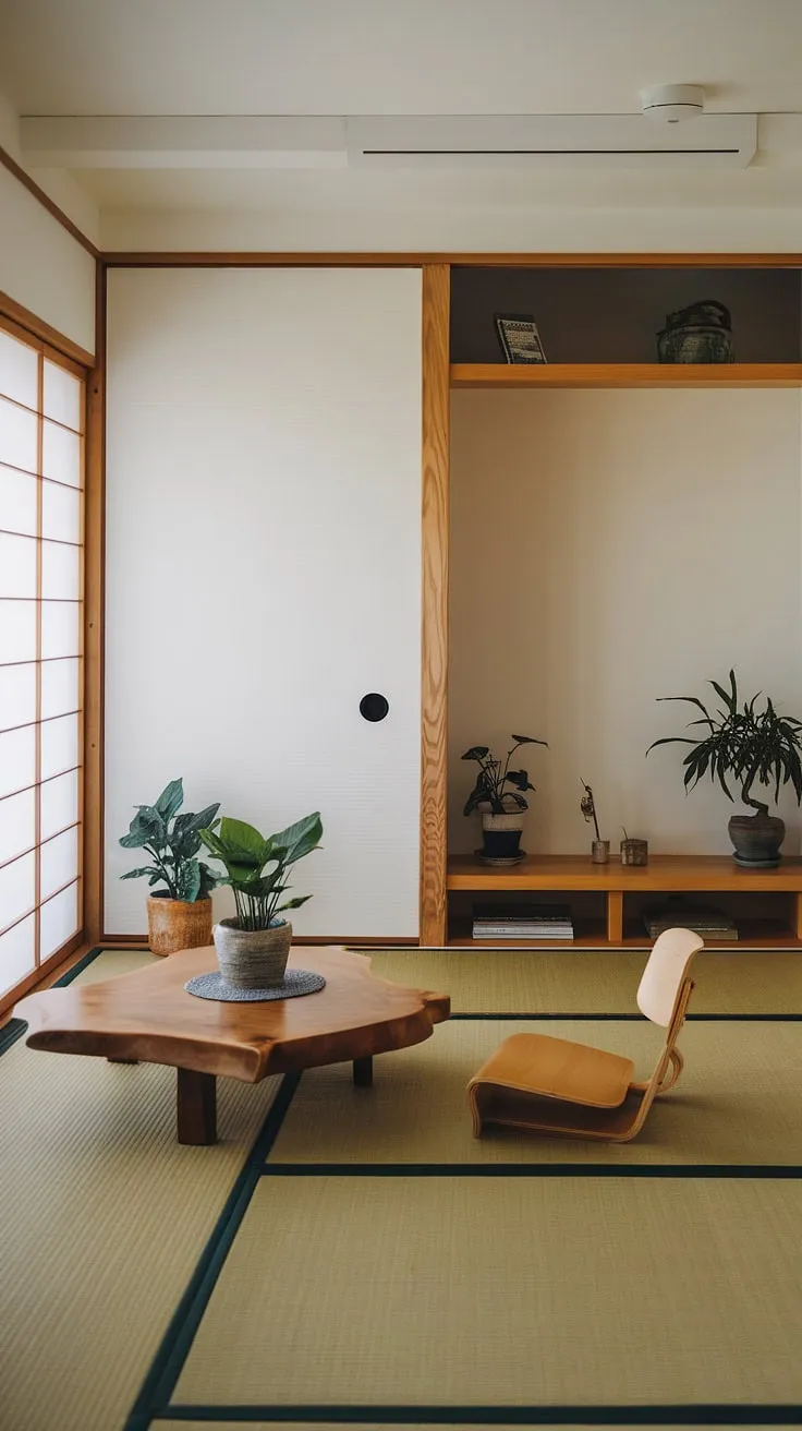Find your focus in this serene home office, where minimalist Japanese design meets calming functionality. The soft light, natural wood, and tatami mat area create a sanctuary for productivity and peace. A perfect blend of aesthetics and practicality for a truly mindful workspace.