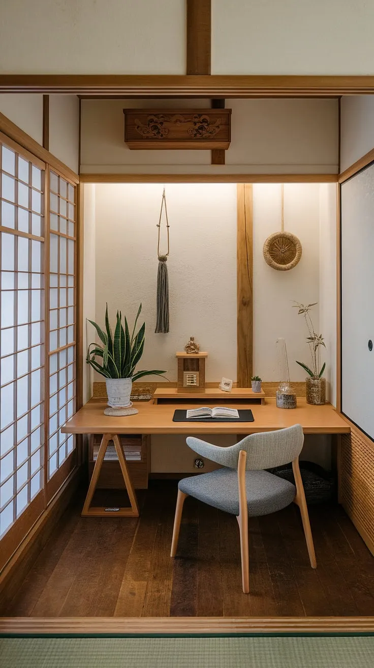 Find your focus in this serene home office, where minimalist Japanese design meets calming functionality. The soft light and natural wood create a space perfect for deep work and mindful reflection. A sanctuary for creativity and productivity.
