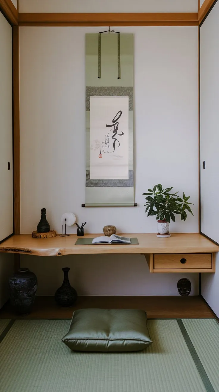 Find your focus in this serene home office, where minimalist Japanese design meets mindful productivity. The gentle calligraphy on the wall, the simple wooden desk, and the quiet presence of nature create a space for deep work and inner peace. A perfect sanctuary for cultivating calm and achieving your goals.
