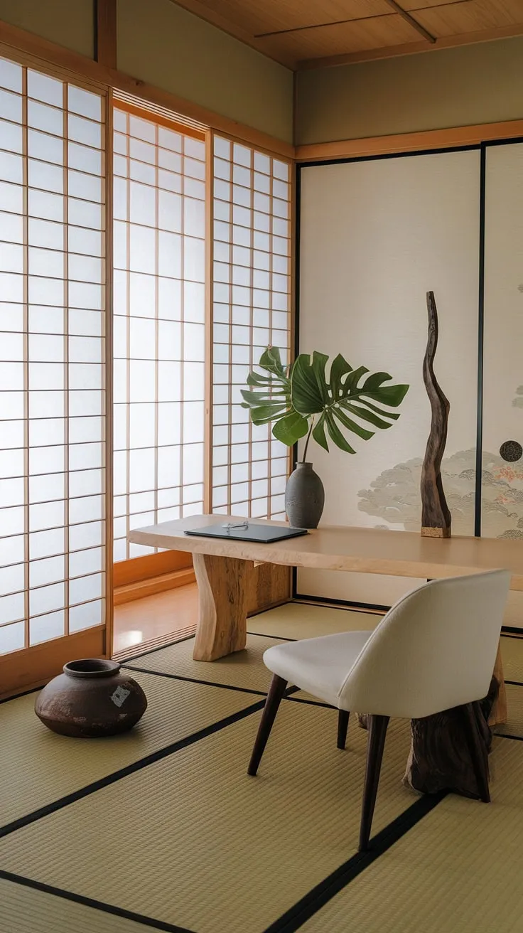 Find your focus in this serene home office, where the minimalist Japanese aesthetic promotes calm and productivity. The soft beige walls, tatami mat floor, and shoji screens create a sanctuary for mindful work, enhanced by natural elements like the green plant and carefully chosen decorative pieces. A perfect blend of functionality and tranquility.